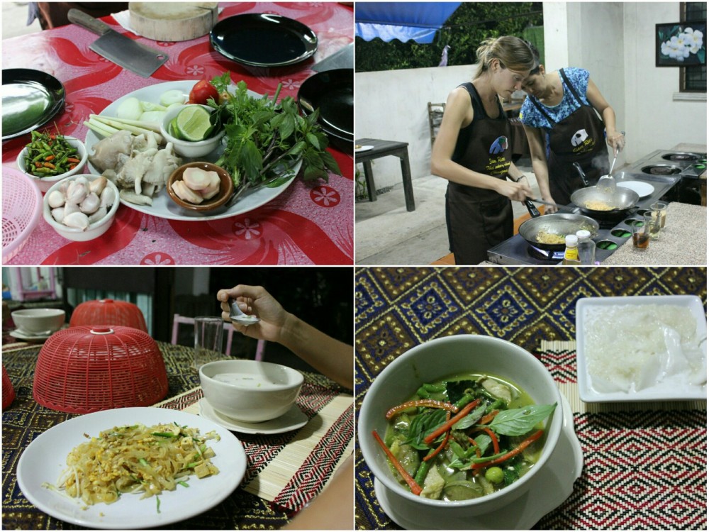 Ingredients per a l'elaboració dels plats. L'Anna agafant la paella pel manec. Pad thai i sopa amb llet de coco. Green curry.